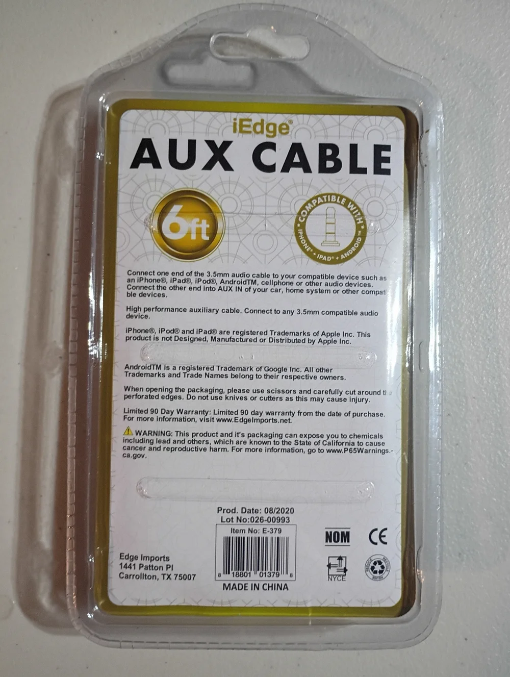 edge Gold Braided 6ft AUX Audio Cable - 3.5mm Stereo